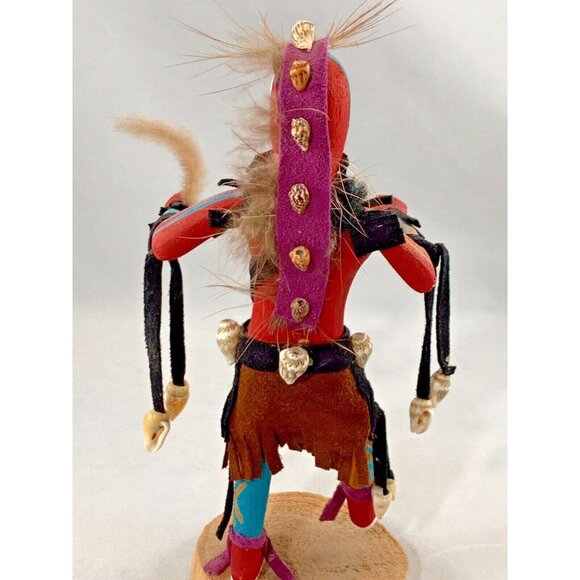 Kachina Tribal Dancing Doll Shells Feathers Leather Wood 7" Signed - Picture 6 of 8